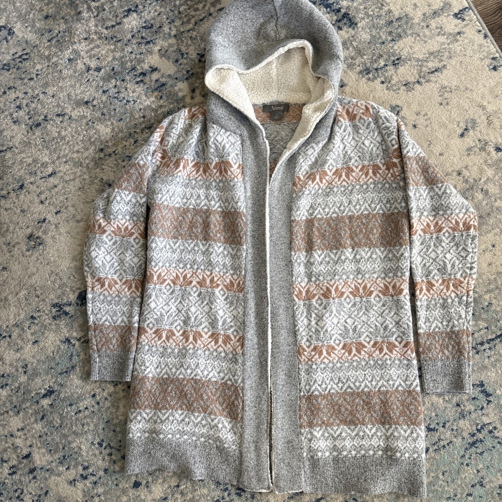 Natural Reflections Cardigan Size M Women's Gray/Brown Fairisle Long Hooded Nice